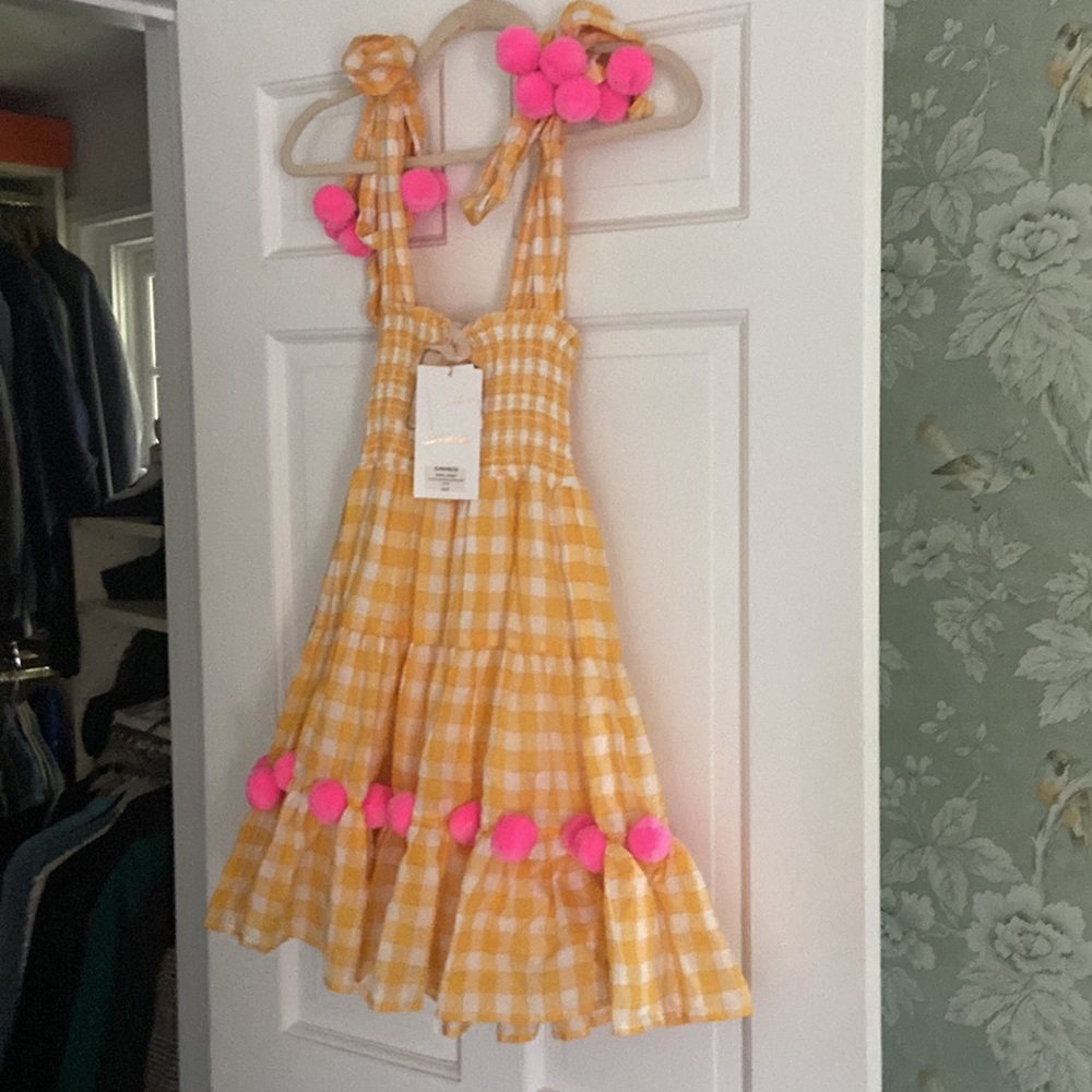 Sundress Pippa Short Dress in Yellow Gingham & Pink Pom Pom Accents - size xs/sm - Picture 7 of 7
